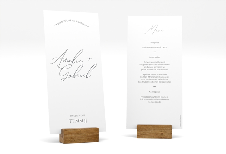 Menükarte Hochzeit Federschrift lange Karte hoch weiss silber in schlichtem Design mit Kalligrafie