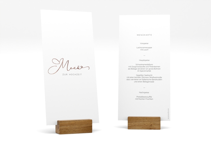 Menükarte Hochzeit Jawort lange Karte hoch weiss rosegold modern minimalistisch mit veredelter Aufschrift