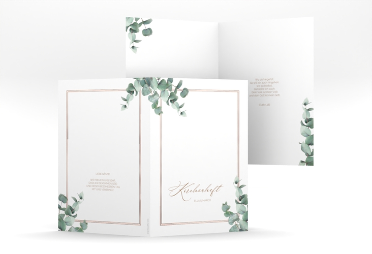 Kirchenheft Hochzeit Eucalypt A5 Klappkarte hoch rosegold mit Eukalyptus und edlem Rahmen