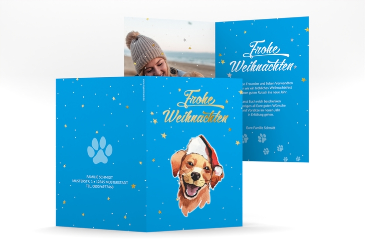 Weihnachtskarte Frosty A6 Klappkarte hoch gold mit Hund mit Nikolausmütze