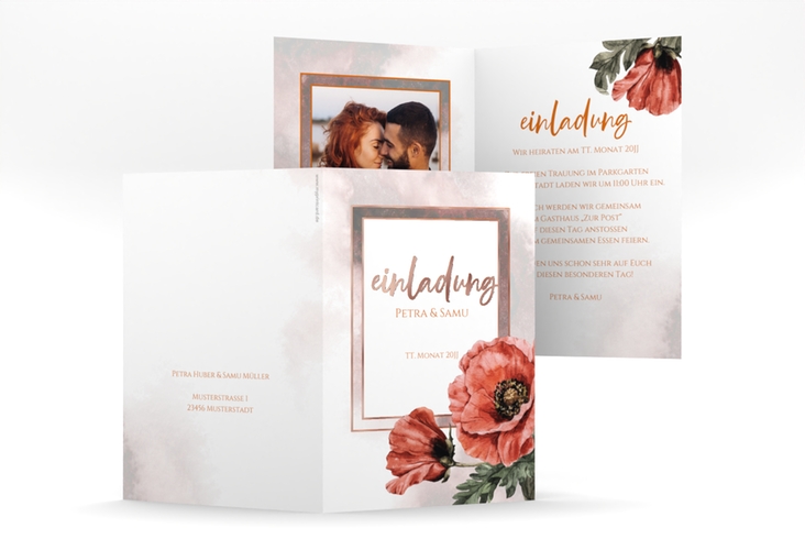 Einladungskarte Hochzeit Sommer A6 Klappkarte hoch rosegold mit Mohnblumen-Aquarell