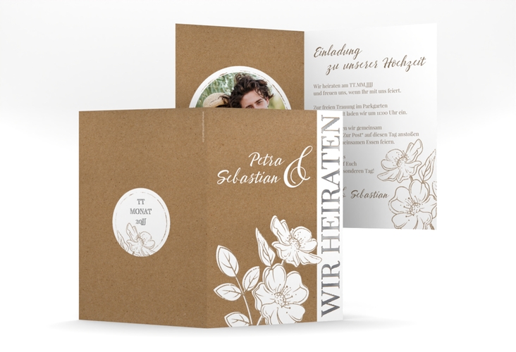 Einladungskarte Hochzeit Windflower A6 Klappkarte hoch silber mit Wildrosen