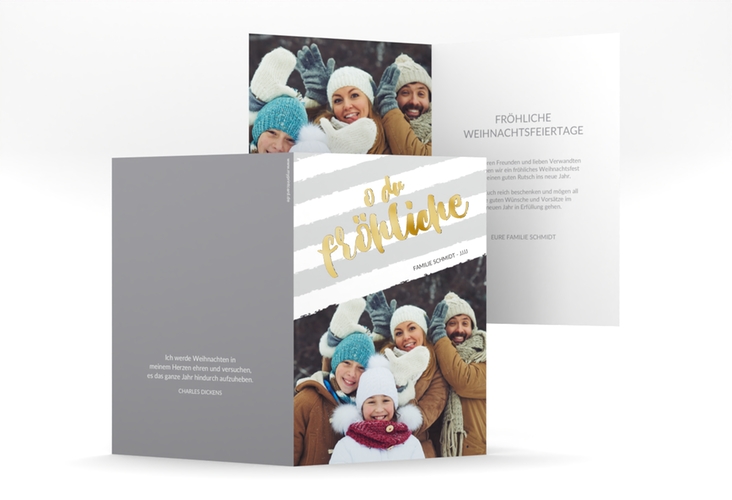 Weihnachtskarte Weihnachtslied A6 Klappkarte hoch gold gestreift mit Familienfoto