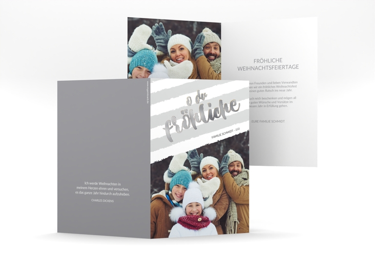 Weihnachtskarte Weihnachtslied A6 Klappkarte hoch silber gestreift mit Familienfoto