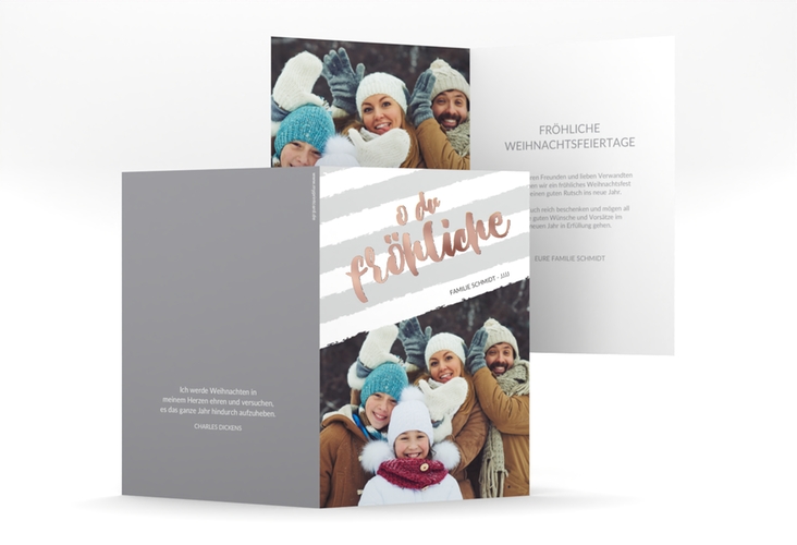 Weihnachtskarte Weihnachtslied A6 Klappkarte hoch rosegold gestreift mit Familienfoto