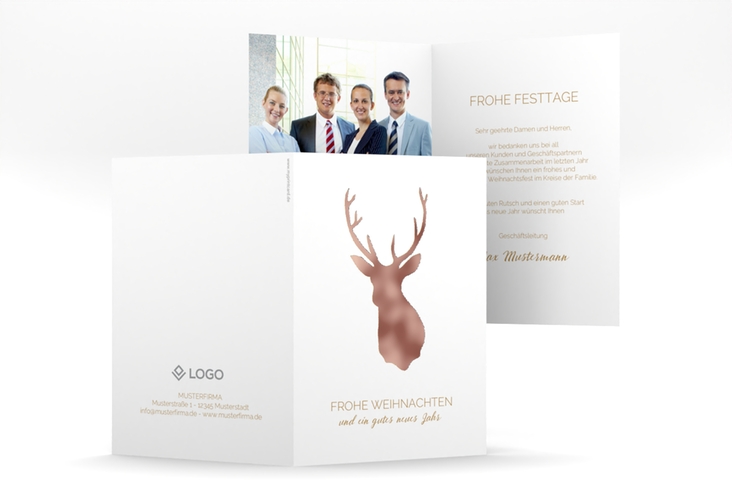 Business-Weihnachtskarte Deer A6 Klappkarte hoch rosegold und weiß mit Reh-Kopf