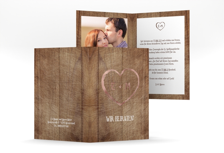 Einladungskarte Hochzeit Wood A6 Klappkarte hoch rosegold