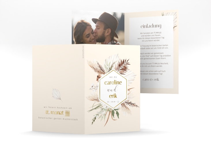 Einladungskarte Hochzeit Bohemian A6 Klappkarte hoch gold mit Gräsern und Trockenblumen für Boho-Hochzeit