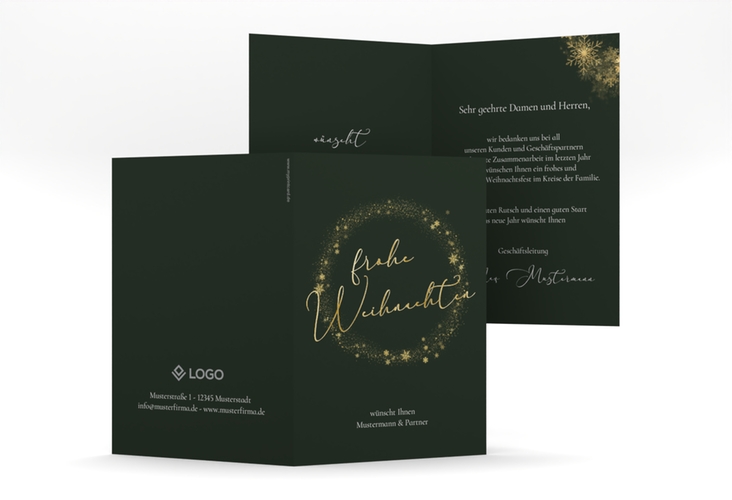 Business-Weihnachtskarte Glitzerkranz A6 Klappkarte hoch gold mit Kranz aus Eiskristallen und eleganter Aufschrift frohe Weihnachten