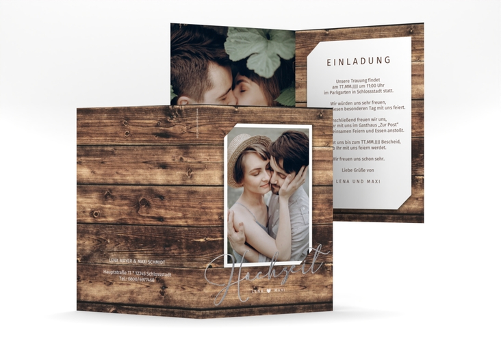 Einladungskarte Hochzeit Rustic A6 Klappkarte hoch silber