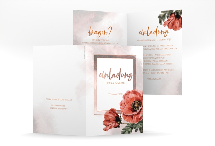 Einladungskarte Hochzeit Sommer A6 Klappkarte hoch rosegold mit Mohnblumen-Aquarell