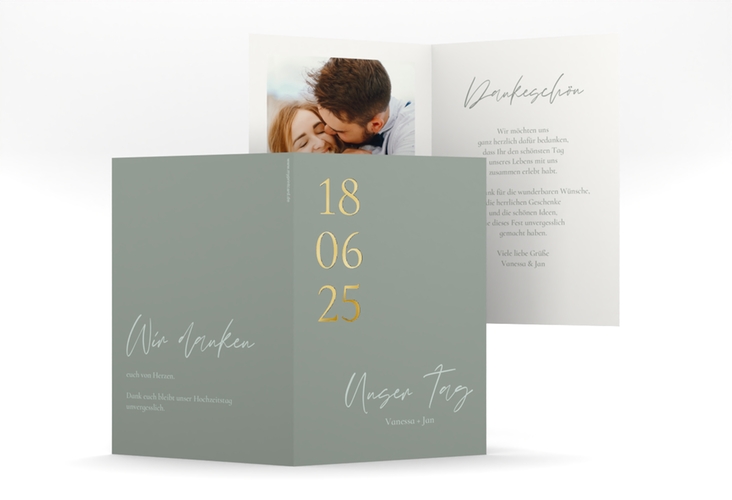 Dankeskarte Hochzeit Day A6 Klappkarte hoch gold mit Datum im minimalistischen Design