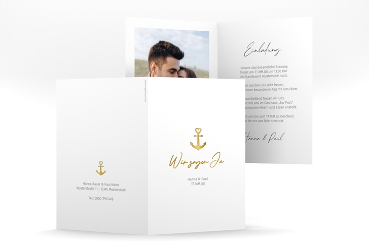 Einladungskarte Hochzeit Ankerliebe A6 Klappkarte hoch gold im minimalistischen maritimen Design mit Anker