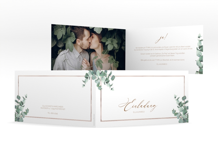 Hochzeitseinladung Eucalypt lange Klappkarte quer rosegold mit Eukalyptus und edlem Rahmen