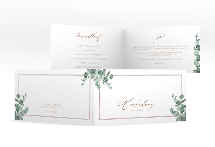 Hochzeitseinladung Eucalypt lange Klappkarte quer rosegold mit Eukalyptus und edlem Rahmen