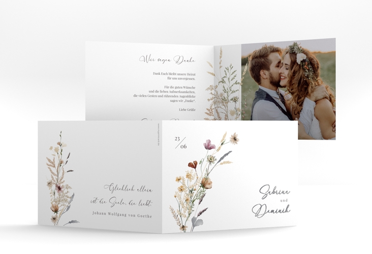 Danksagungskarte Hochzeit Sauvages A6 Klappkarte quer silber mit getrockneten Wiesenblumen