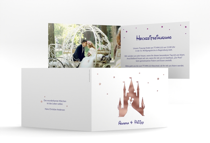 Hochzeitseinladung Castle A6 Klappkarte quer rosegold