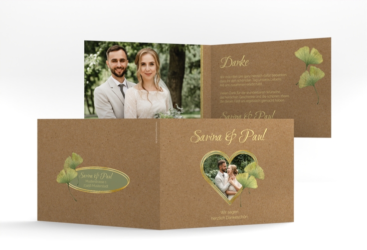 Dankeskarte Hochzeit Ginko A6 Klappkarte quer gold mit Herz und zwei Ginkgo-Blättern