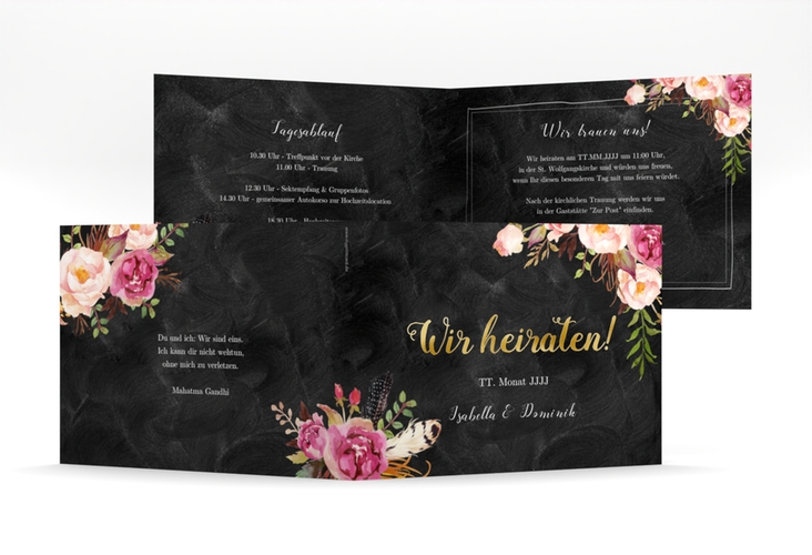 Hochzeitseinladung Flowers mittlere Klappkarte quer gold mit bunten Aquarell-Blumen