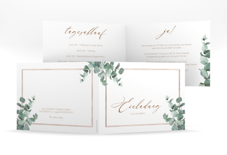 Hochzeitseinladung Eucalypt mittlere Klappkarte quer rosegold mit Eukalyptus und edlem Rahmen