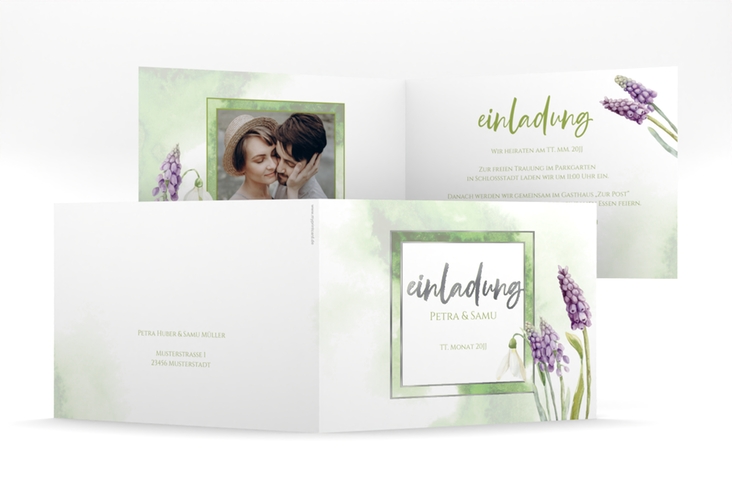 Hochzeitseinladung Frühling mittlere Klappkarte quer silber mit Frühlingsblumen in Aquarell