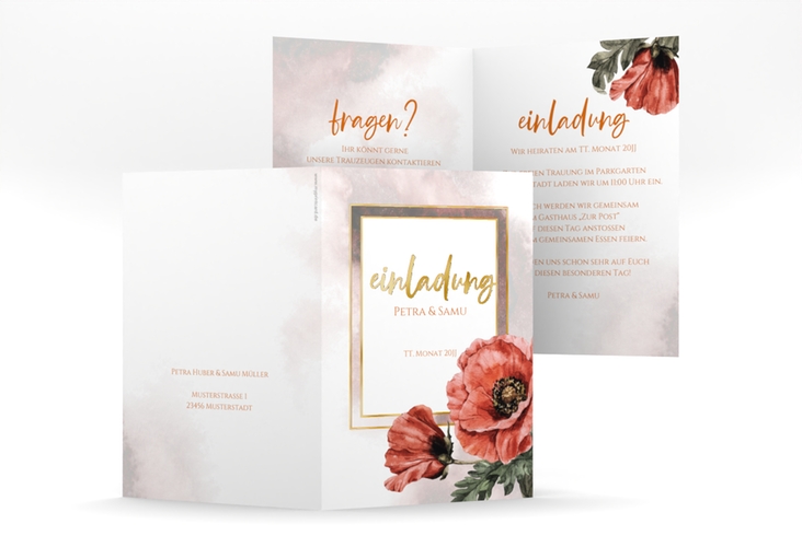 Einladungskarte Hochzeit Sommer A6 Klappkarte hoch rot gold mit Mohnblumen-Aquarell