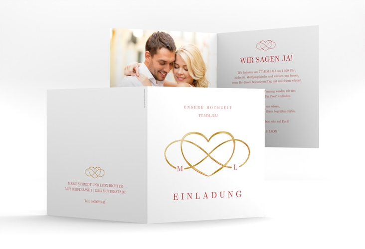 Hochzeitseinladung Infinity quadr. Klappkarte rot gold