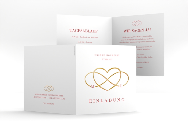 Hochzeitseinladung Infinity quadr. Klappkarte rot gold