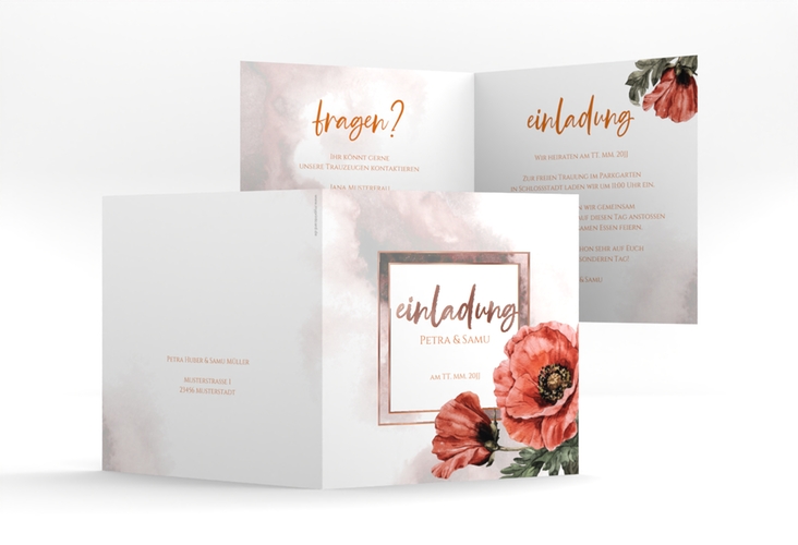 Hochzeitseinladung Sommer quadr. Klappkarte rot rosegold mit Mohnblumen-Aquarell