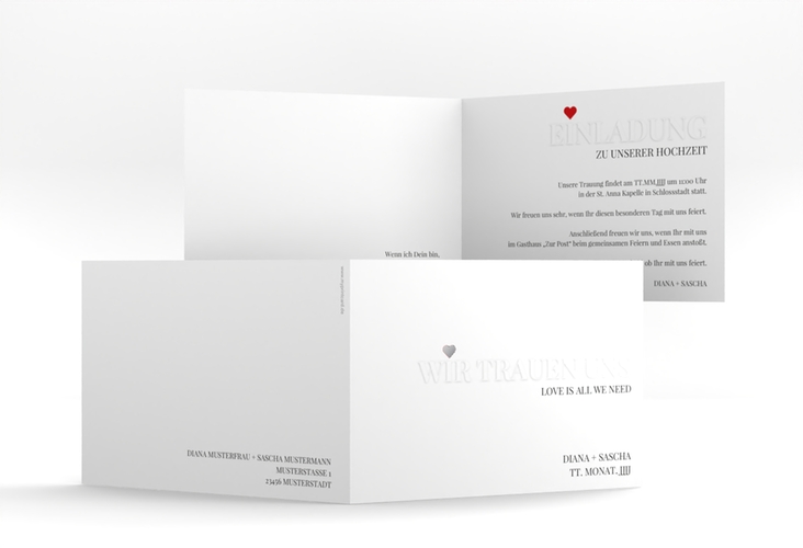 Hochzeitseinladung Embossing A6 Klappkarte quer rot silber