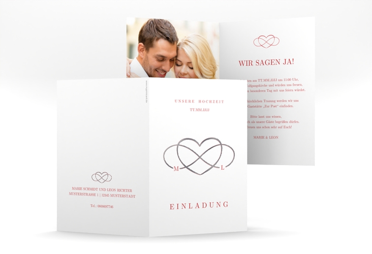 Einladungskarte Hochzeit Infinity A6 Klappkarte hoch rot silber