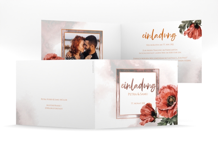 Hochzeitseinladung Sommer mittlere Klappkarte quer rot rosegold mit Mohnblumen-Aquarell