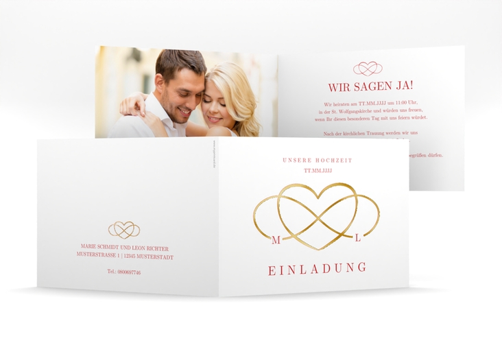 Hochzeitseinladung Infinity mittlere Klappkarte quer rot gold