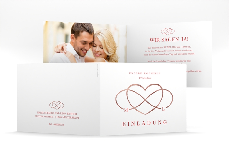 Hochzeitseinladung Infinity mittlere Klappkarte quer rot rosegold