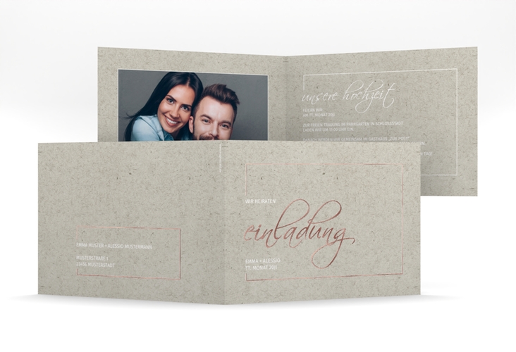 Hochzeitseinladung Simple Line mittlere Klappkarte quer grau rosegold