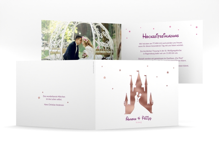 Hochzeitseinladung Castle mittlere Klappkarte quer pink rosegold