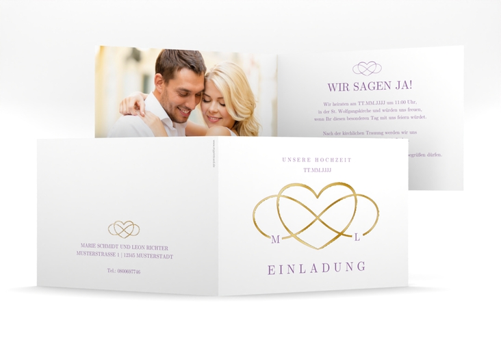 Hochzeitseinladung Infinity mittlere Klappkarte quer lila gold