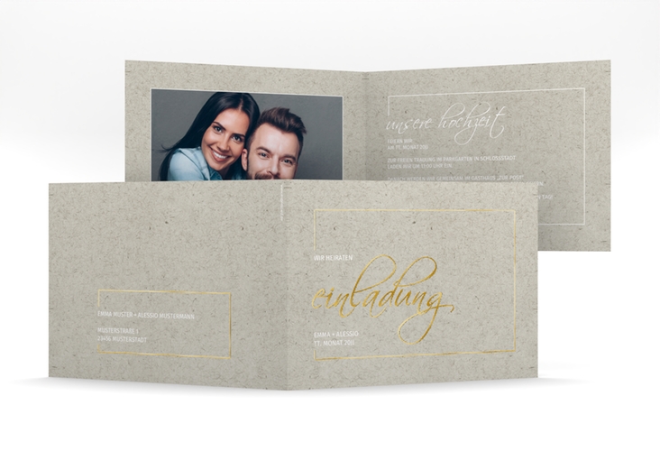 Hochzeitseinladung Simple Line mittlere Klappkarte quer grau gold