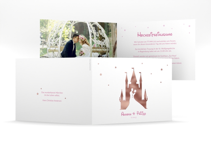 Hochzeitseinladung Castle mittlere Klappkarte quer rosa rosegold