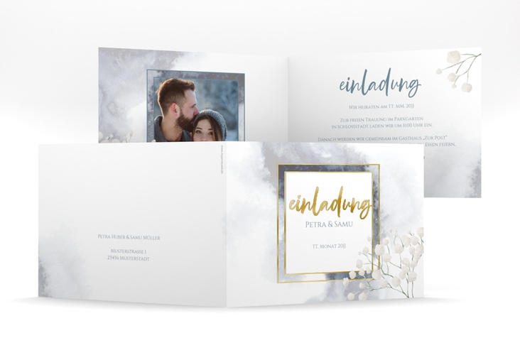 Hochzeitseinladung Winter mittlere Klappkarte quer blau gold mit Schleierkraut