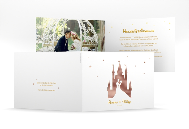 Hochzeitseinladung Castle mittlere Klappkarte quer gold rosegold