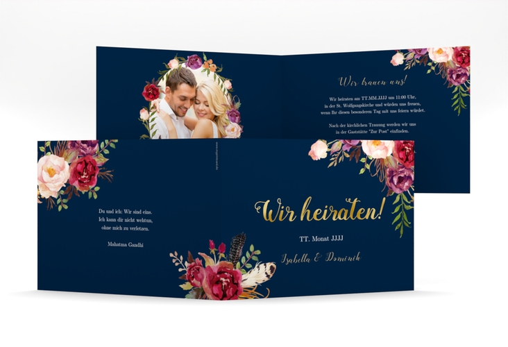 Hochzeitseinladung Flowers mittlere Klappkarte quer blau gold mit bunten Aquarell-Blumen