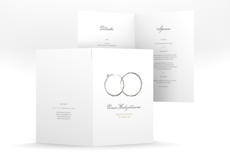 Menükarte Hochzeit Trauringe A5 Klappkarte hoch gold silber minimalistisch gestaltet mit zwei Eheringen