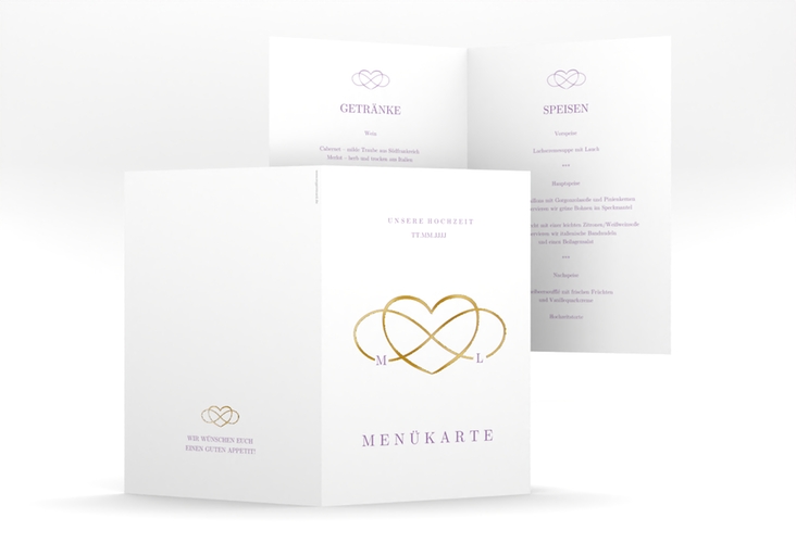 Menükarte Hochzeit Infinity A5 Klappkarte hoch lila gold