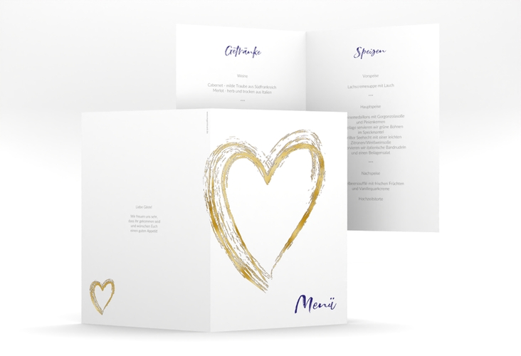 Menükarte Hochzeit Liebe A5 Klappkarte hoch blau gold