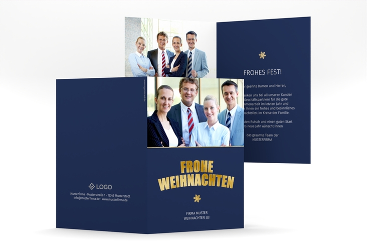 Business-Weihnachtskarte Weihnachtsfunkeln A6 Klappkarte hoch blau gold