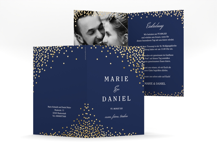 Einladungskarte Hochzeit Glitter A6 Klappkarte hoch blau gold