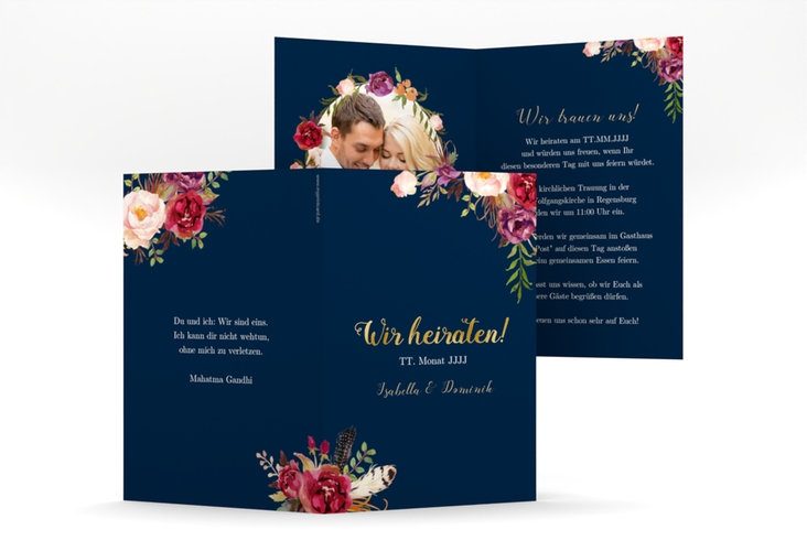 Einladungskarte Hochzeit Flowers A6 Klappkarte hoch blau gold mit bunten Aquarell-Blumen