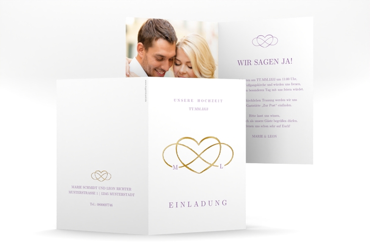 Einladungskarte Hochzeit Infinity A6 Klappkarte hoch lila gold