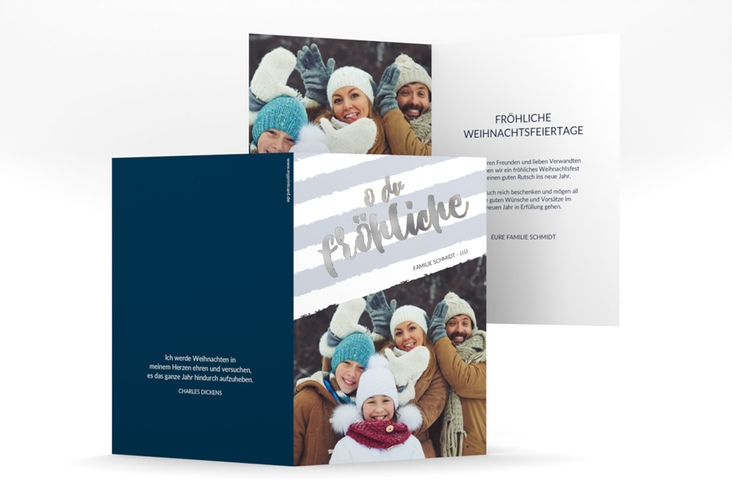 Weihnachtskarte Weihnachtslied A6 Klappkarte hoch blau silber gestreift mit Familienfoto